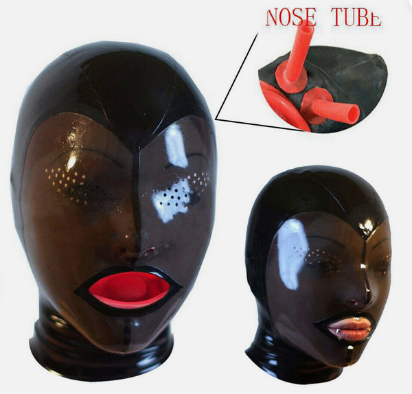 z Latex Gummi Rubber Hood with Nose Tube Mouth gag Fetish BDSM Suffocation Mask Latex Girl