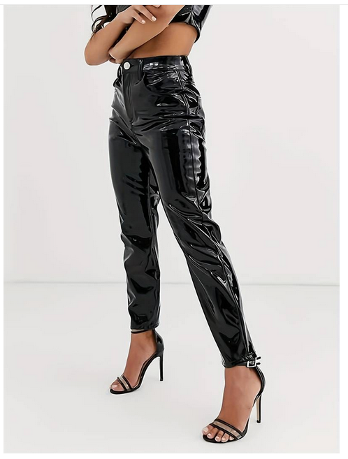 2  Women's High Waist PU Pencil Pants - Shiny Patent Synthetic Leather Bodycon Trousers with Back Zipp